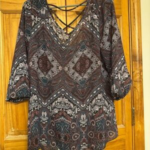 Womens Paisley V-Neck/Crisscross-Back Sheer Tunic in Multi-Color